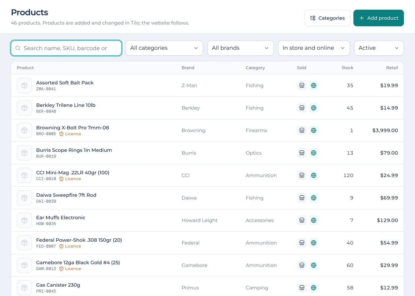 The Products list with brands, categories, stock and prices.