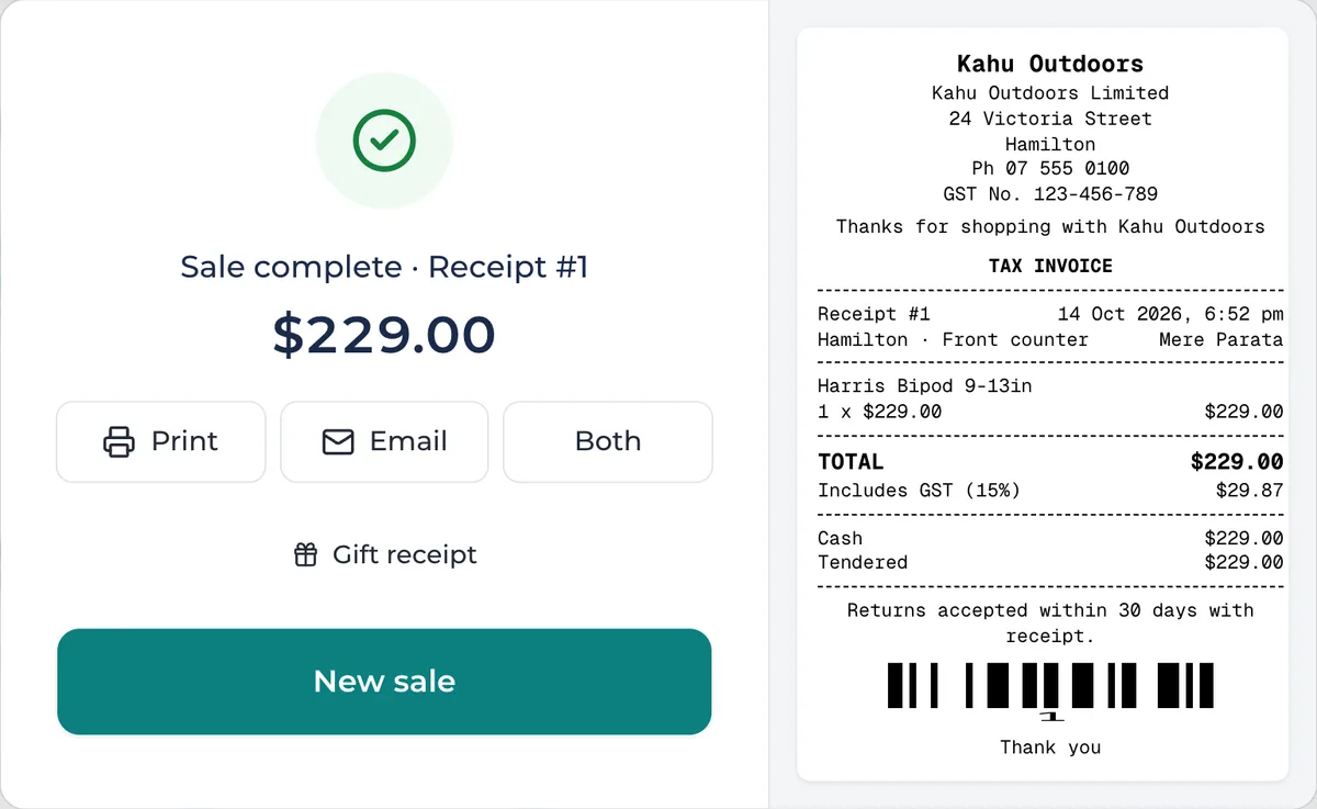 Sale complete: print or email the receipt, with the receipt shown beside it.